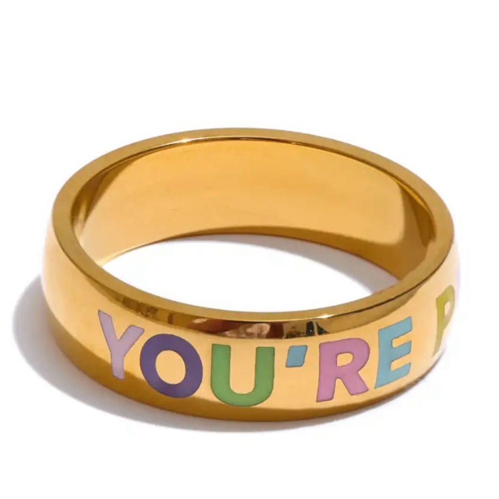 18 Karat Gold Plated Ring with Multicolor Enamel Lettering